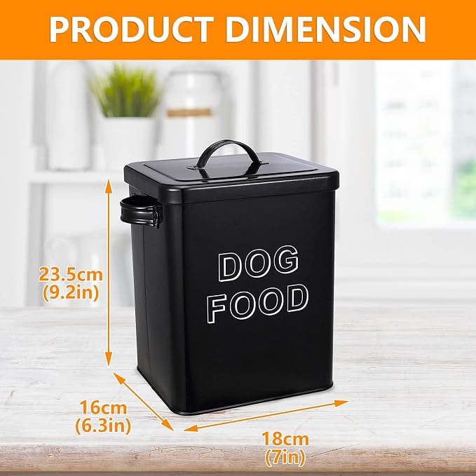 Morezi Metal Dog Food Storage Container Airtight Pet Food Treat Bin 6 lbs | Vintage Durable Canister Dog Treats Tin with Lid& Scoop for Kitchen Countertop, Shelf, Great Gift for Pet Owners(Black)