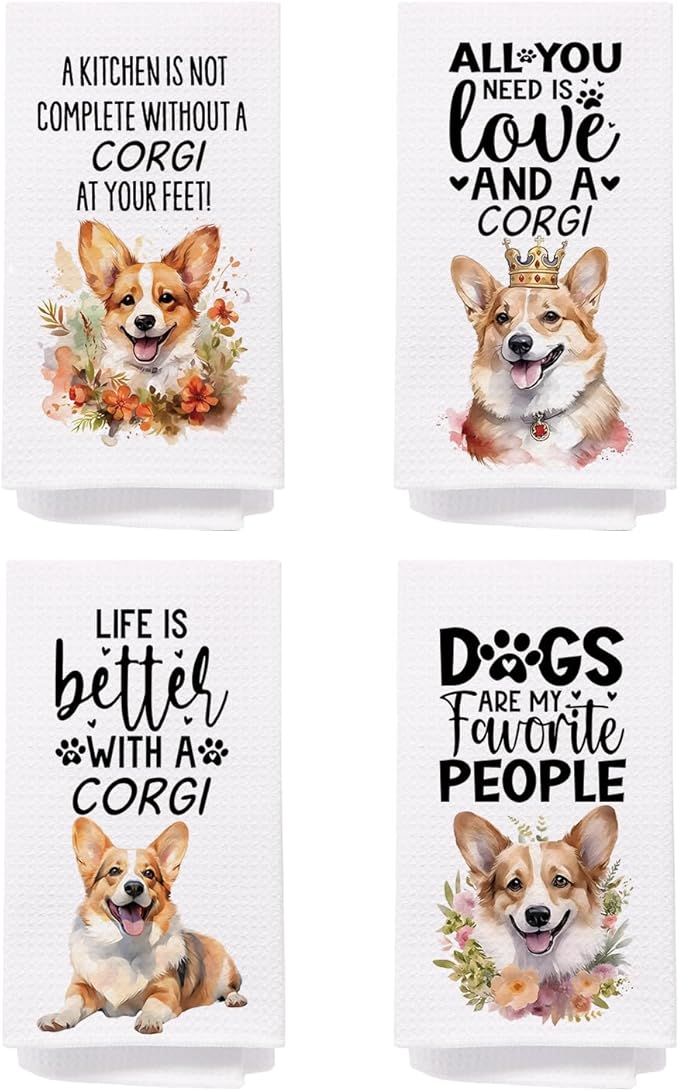 SPBL&L Corgi Dog Kitchen Towels Set of 4, Corgi Gifts for Women, Corgi Decor Tea Dish Towels for Kitchen, Corgi Dog Decorative Hand Towels for Bathroom, 16x24 Inches