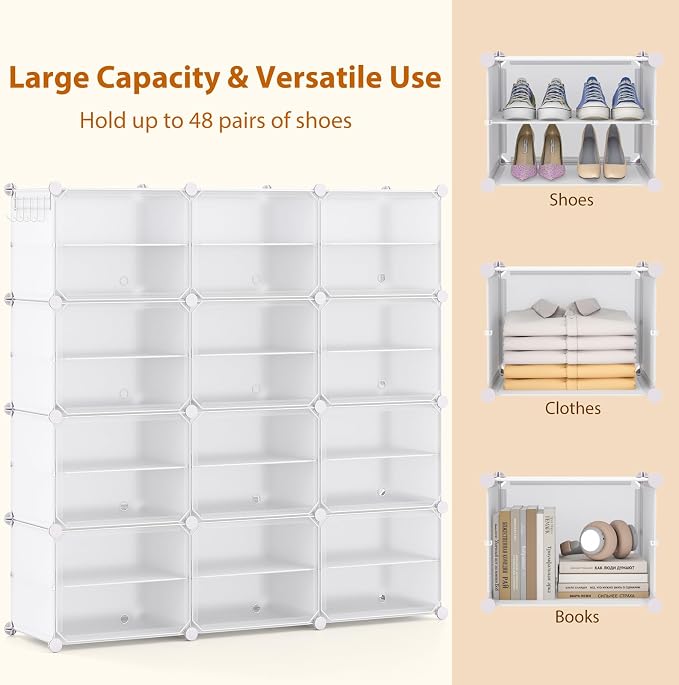 GOFLAME Portable Shoe Rack Organizer, 48 Pairs Expandable Modular Shoe Storage Cabinet with Doors, Adjustable Panels, 8-Tier DIY Shoe Shelves for Closet, Hallway, Entryway, Easy Assembly, White