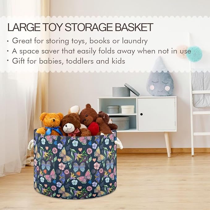 Butterfly Floral Collapsible Round Storage Basket with Handles | Floral Print Large Laundry Baskets Hamper, Clothes Organizer Bin for Nursery Bedroom Living Room Decor, 20x 20x 14 Inches