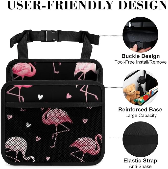 Car Seat Back Organizer Hanging Storage Bag for Backseat, Love Heart | Flamingo Black, Pu Leather Auto Storage Organizer with Mesh Pockets, Waterproof and Leakproof