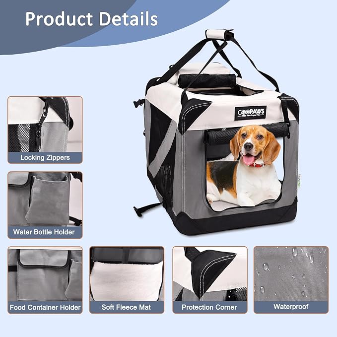 Jespet 3 Door Soft Dog Crates Kennel for Pets, Folding Travel Pet Carrier | 3 Mesh Doors 24'' Dog House, Large Pocket, Easy to Install, Steel Frame, Removable Crate Pad, For Indoor & Outdoor