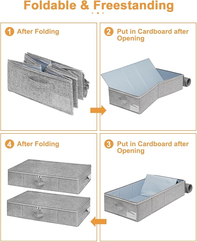 punemi 6.7 in High Under Bed Storage Container with Zipper Lid, 3Pack, Grey | Clothes Storage Bags with 3 Handles & Zippered Lids, Stackable Design, for Clothes, Blankets & Shoes, Ideal for Closet