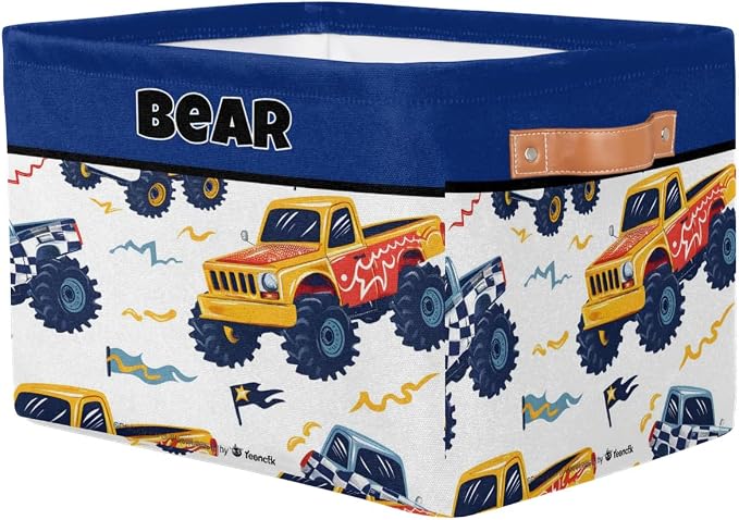 Personalized Storage Bins for Boys, Customized Name Storage Basket Rectangle Clothes Organizer for Organizing Kids and Pets Toys Shelf Closet, Cartoon Tractors Pattern