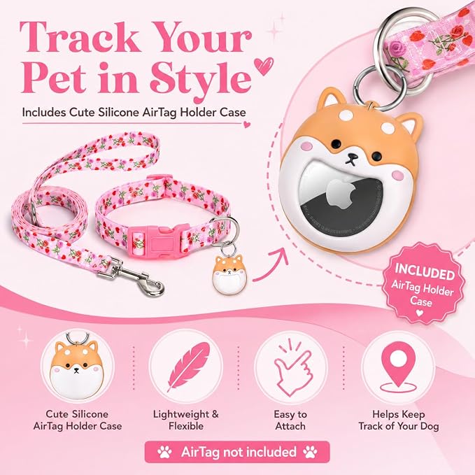 Floral Matching Dog Collar and Leash Set with AirTag Holder-Valentine's/M | Anti-Lost,Adjustable Durable Pet Collar Leash Combo for Medium Boy Girl Dogs,for Outdoor Walking Hiking Training Running