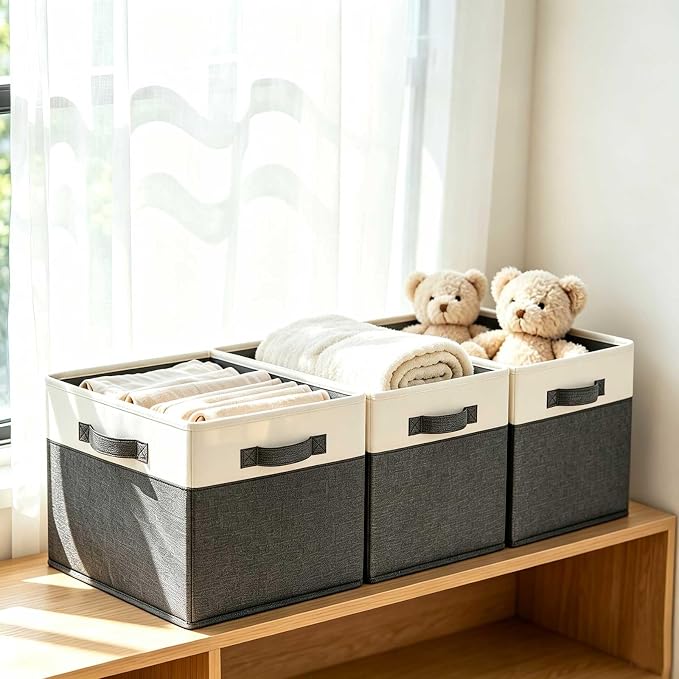 GhvyenntteS Large Fabric Storage Bins with 3 Handles, 15x11x9.6 Inch Storage Baskets for Shelves, Foldable Closet Storage Bins for Shelves, Closet Organizers and Storage Boxes 3 Pack