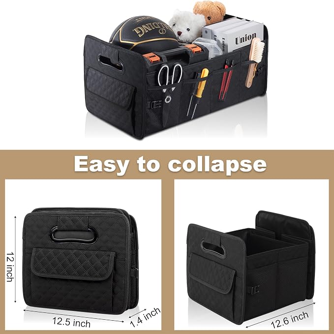 Car Trunk Organizer for SUV, Collapsible Car Storage Organizer Large Black | Sturdy, Strong Capacity, Diamond Decor, Multi Compartment Container Box Adjustable Car Accessories for Sedan Truck