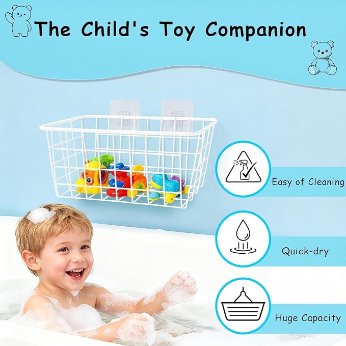 Hanging Bath Toy Storage Basket - 2 Pack Metal Bath Toy Holder with Hooks - Bathtub Toy Storage Organizer for Bath Shower Bathroom(White)
