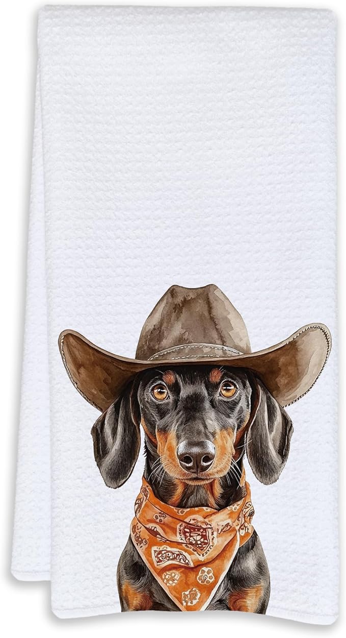 Cabana Bro Dachshund Gifts Kitchen Towels, Dachshund Gifts for Dog Lovers Decorative Hand Towels for Bathroom, Retro Western Cowboy Wiener Dog Dish Tea Towels for Kitchen, 16x24 Inch