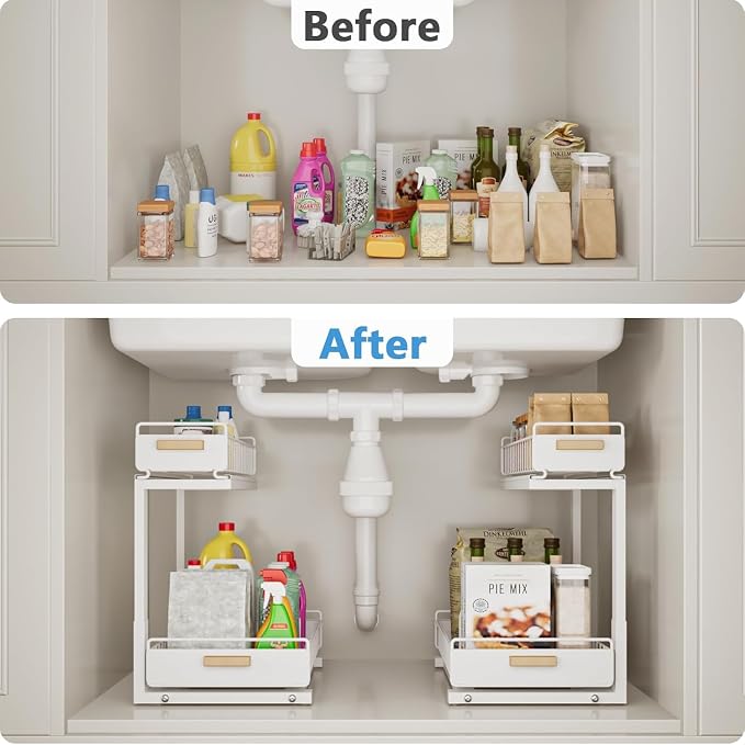 Under Sink Organizer Kitchen - Upgraded Professional Rails, 2 Tier Dual Pull Out Cabinet Storage, Height Adjustable Under Sink Storage, Metal Sliding Drawer for Kitchen & Bathroom, White, 1 Pack