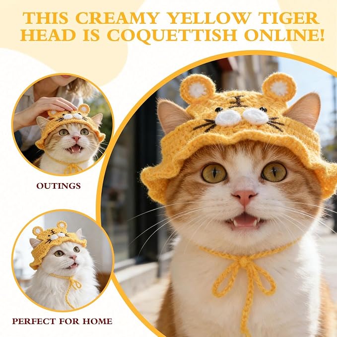 Tiger Cat Hat, Cotton & Soft Cute Knitted Hats for Cats Birthday Party Spring Puppy Hat for Small Pets (Yellow, M)