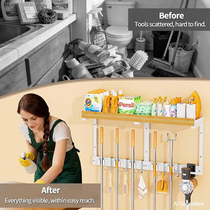 Broom and Mop Organizer Wall Hanging, Broom Hanger Holder Wall Mount | 3-in-1 Mop and Broom Holder Wall Mount with 5 Racks,5 Hooks,Storage Shelf & Vacuum Organizer for Garage,Kitchen,Laundry Room
