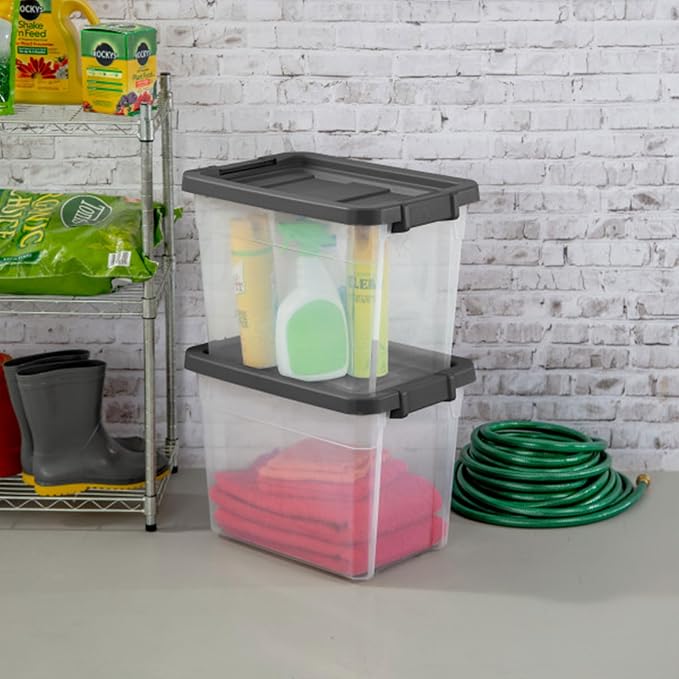 Sterilite Modular Stacker Box with Latching Lid, 30 Quart, 18-Pack | Clear Plastic Storage Bins - Stackable Organizing Container Boxes for Closet, Bathroom, and Office