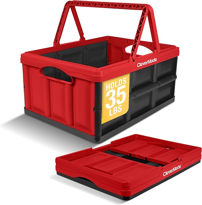CleverMade Collapsible Shopping Basket, 32L Storage Crate, 1 Pack, Red | Carry Bigger Grocery Hauls with Confidence | Rigid Walls Hold 35 lb, While Top and Side Handles Balance the Load