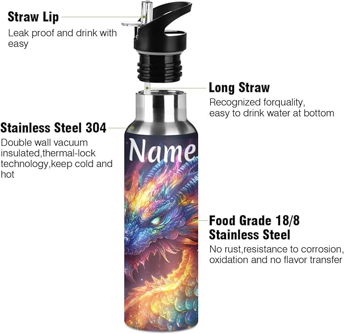 Custom Name Colorful Rainbow Dragon Water Bottle with Straw Lid Kids Insulated Stainless Steel Water Flask Sports, 20 Oz Hot Cold