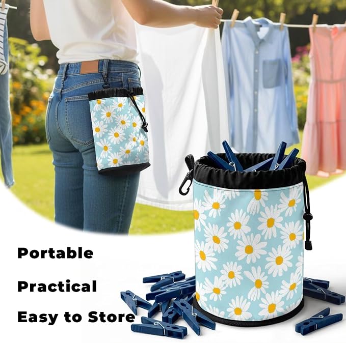 Daisy Clothespin Bag with Hanging Hook Laundry Canvas Clothes Pin Holder Waterproof Clothespin Bag Clothespin Storage Organizer with Drawstring Closure