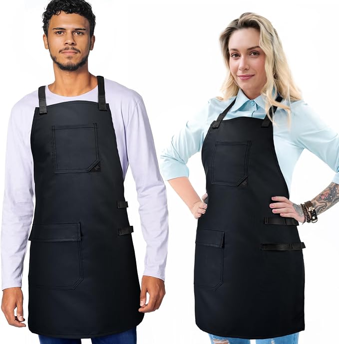 Under NY Sky Barber Apron, Cross-Back, Leather Loops, Flapped Pocket, Black | Oxford Canvas Resists Liquids, Chemicals, Ink, Dye. All Reinforced. Easy Sanitation For Hair Stylist, Salon, Colorist, Barber