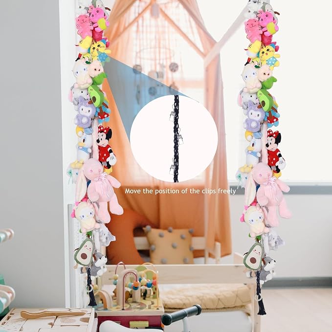 2PCS Stuffed Animals Storage Chain Organizers 80" Cotton Hanging Storage Chain with 40 Metal Clips Stuffed Animal Display Holder Chain for Wall or Corner Nursery Play Room (Black)