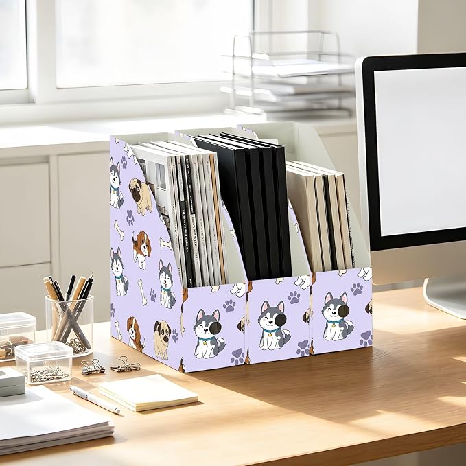 SPRIPORT Cute Pets Dogs Purple Print Water Resistant PP Magazine File Holder Organizer for Desk, Foldable Storage Rack for Office School Library Document Sorter with Labels 23x30x10cm (3 Pack)