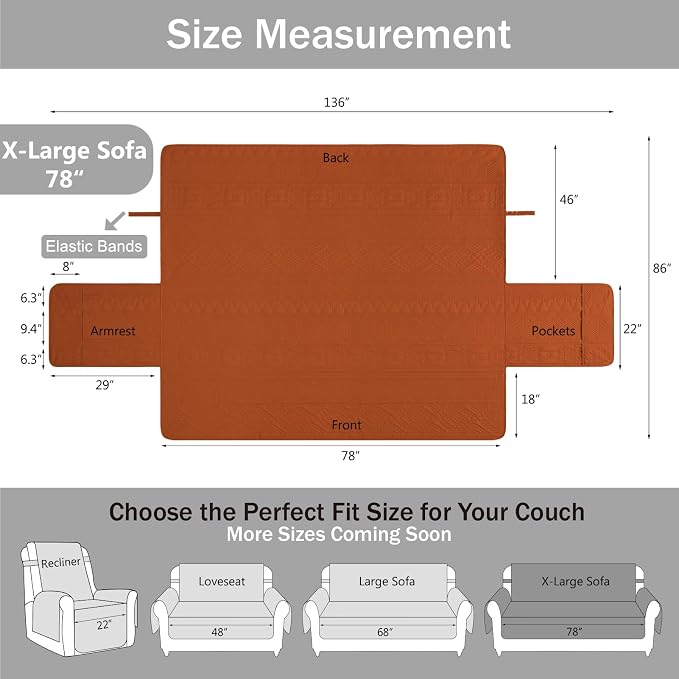 Soft Boho Quilted Couch Cover with Pockets for Extra-Large Sofa, Anti-Slip Boho Sofa Covers Washable for 3 Cushion Pet Friendly, Oversized Sofa Cover Washable (X-Large Sofa 78", Burnt Orange)
