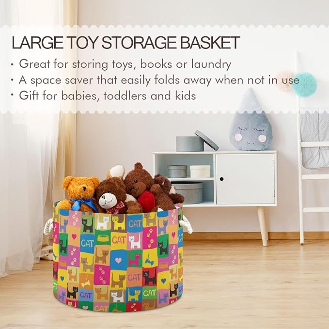 Colorful Cat Print Collapsible Round Storage Basket with Handles | Pet Kitten Paild Large Laundry Baskets Hamper, Clothes Organizer Bin for Nursery Bedroom Living Room Decor, 20x 20x 14 Inches