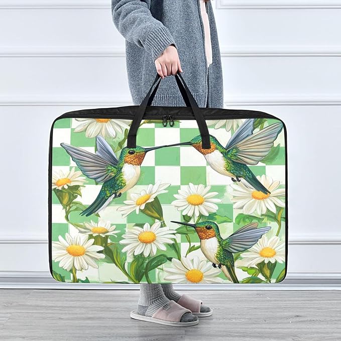 Comforter Storage Bags Large Folding Blanket Organizer Bag with Strong Handles Clear Window Closet Storage Containers for Clothes King Queen Pillows Bedding Quilt Duvet Checkered White and Gree