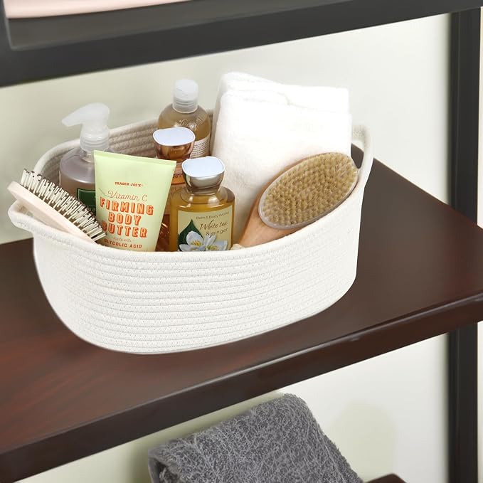 Woven Cotton Rope Storage Basket with Handles, White, 13.5 Inch | Empty Gift Basket, Bathroom and Closet Organizer, Nursery Toy Storage, Decorative Boho Basket, Shelf Storage Bin