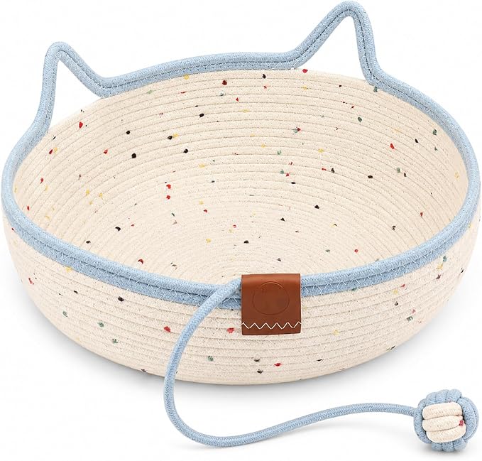 Cat Basket Bed with Cushion and Hanging Ball Toy, Handwoven Cotton Rope Cat Bed Basket, Boho Nesting Pet Bed for Kittens Puppies Scratchable Woven Cat Nest Lounger Sleeping & Playing，D：Small