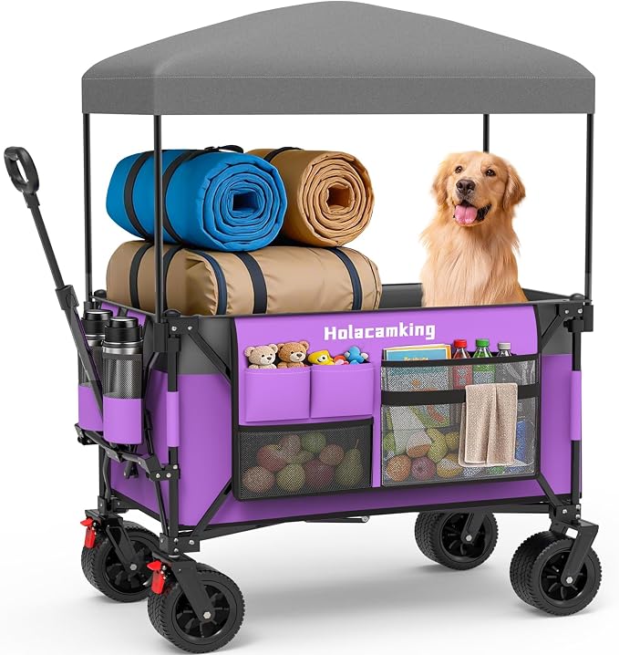 Collapsible Canopy Wagon Cart, Heavy Duty Utility Wagon with Removable Sun Cover, All-Terrain Big Wheels, Dual Brakes, Extra Large Grocery Cart for Beach Camping Sports Tailgates (Purple)