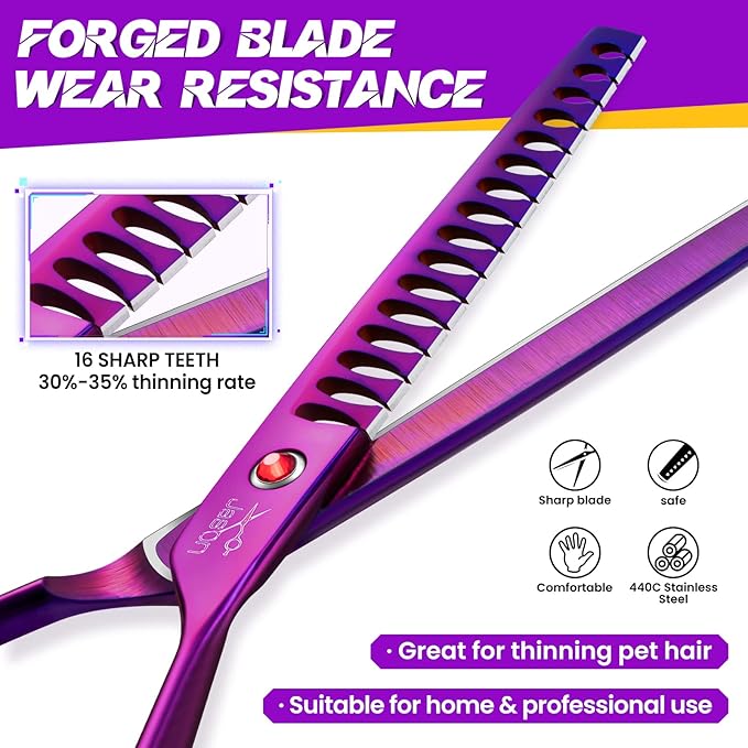 JASON 7" Dog Grooming Scissor - Professional Chunker Shear with Ergonomic Handle Japanese Stainless Steel Hair Scissor for Dogs, Cats and Other Pets, Sharp (Chunker, Purple) Christmas Gift