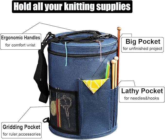 Weabetfu Large Capacity Portable Yarn Organizer Knitting Tote Storage Bag with Shoulder Strap Yarn Bags Have Pocket for Crochet Hooks,Knitting Needles & Accessories,Prevent Yarn Tangle(Blue)