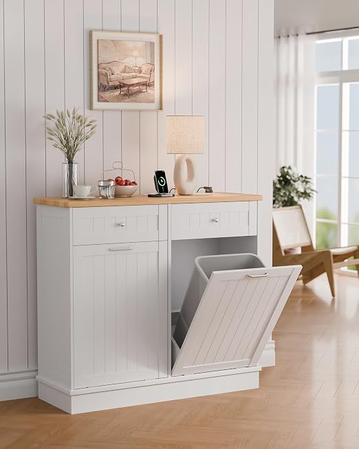 Betterhood Double Tilt Out Trash Cabinet with Power Outlet & USB, Hidden Garbage Can Holder with 2 Storage Drawers, Wooden Laundry Hamper for Kitchen, Bathroom, Living Room, White