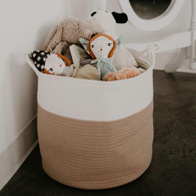Parker Baby Co. Rope Storage Basket, Large Nursery Storage Bin - White/Tan | Soft woven basket that adds stylish, sturdy storage for blankets, books, clothes, and playroom clutter