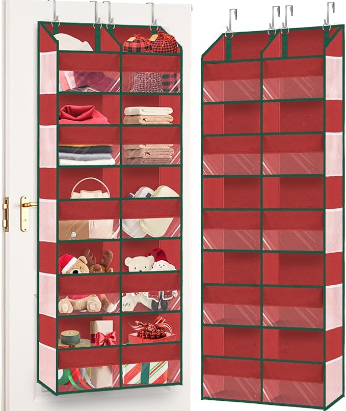 Over The Door Organizer 5 Tiers Extra Large Behind Door Storage of 10 | 80 lbs Weight Capacity Hanging Storage Organizer with Clear Window Kids Toys, Shoes, Diapers, Red