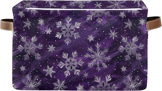 Wamika Winter Snowflake Storage Basket with Waterproof Liner and PU Handles Christmas Purple Xmas Storage Bins Boxes 14.2" Collapsible Decorative Organizer Baskets for Bedroom Closet Office 1 Pack