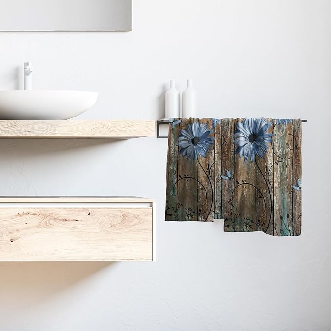Giwawa Rustic Barn Sunflower Wooden Hand Towel 15x30 Set of 2, Fall Blue Daisy Flower Plank Fingertip Towel Retro Board Face Towel Country Barnwood Washcloth for Bathroom Farmhouse Log Cabin