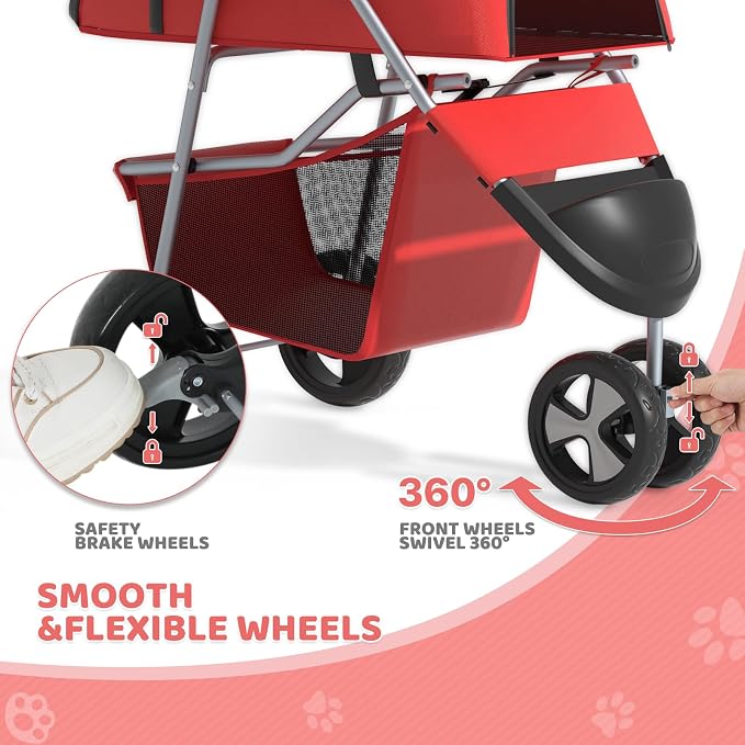 Magshion 3-Wheel Pet Stroller for Small/Medium Dogs & Cats, Up to 33lbs | Foldable Travel Jogger w/ Breathable Mesh Cover, Lightweight Design, Safety Tethers, Cup Holder & Storage Basket