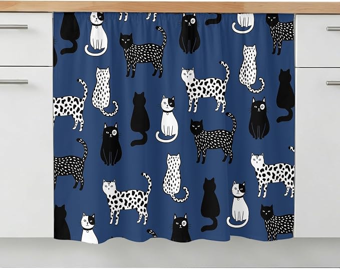 Cat Animal Sink Skirt 11"Wx13"L,Dustproof Under Sink Curtain with Self Adhesive Tape,Navy Blue Earthy Tone Vintage Pet Modern Cabinet Curtain Cover for Bathroom Vanity,RV,Kitchen Cabinet Storage Shelf