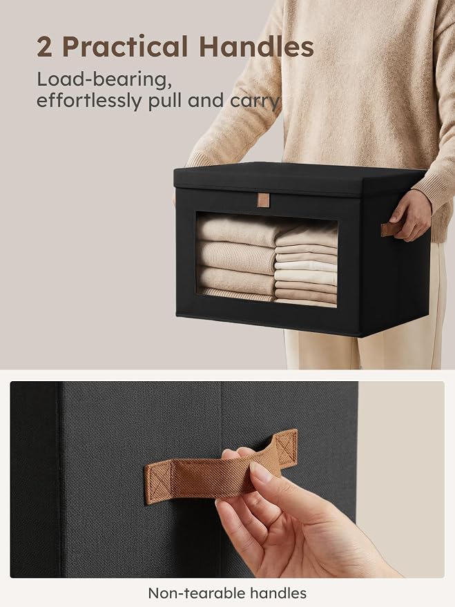 Medium Fabric Storage Bins - Closet Shelf Organizer with Open Window, 5 Pack Closet Baskets for Shelves, Stackable Decorative Boxes for Home, Dorm, Black, 13.7" x 9.8” x 9.8"