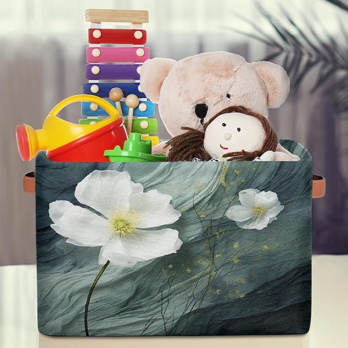 White Floral Flower Rectangular Storage Bin Collapsible Storage Basket Organizer Boxes with Leather Handle Storage Cube for Shelves Toy Laundry Nursery 1 PC
