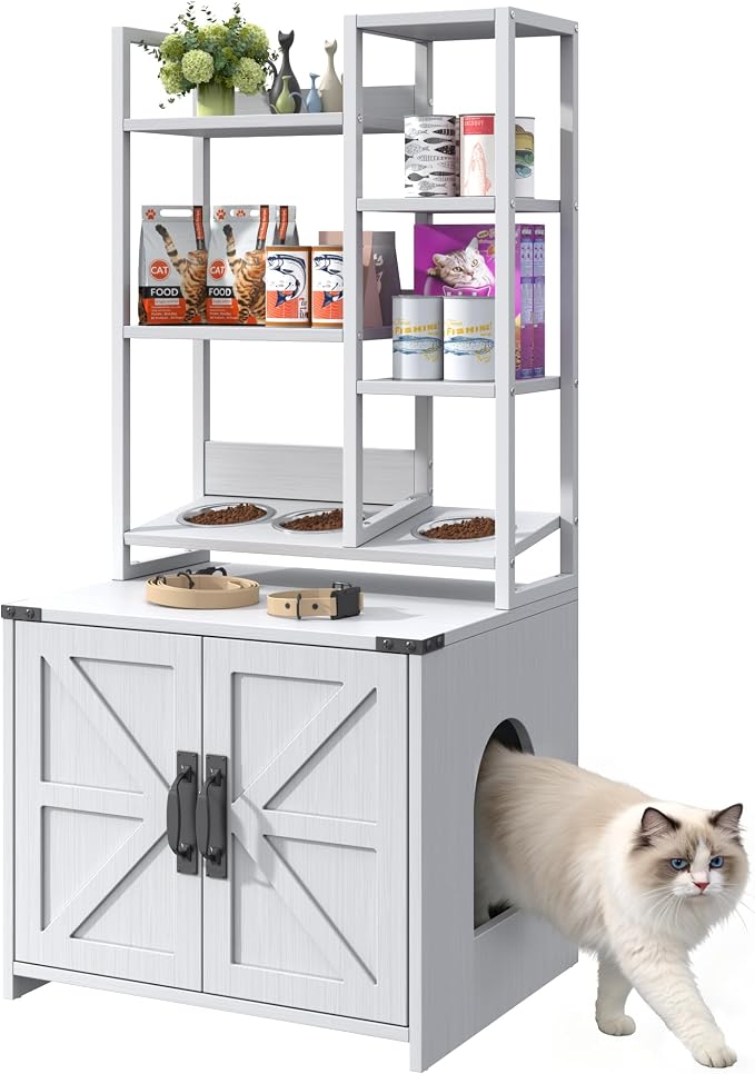 Saudism Cat Litter Box Enclosure with Feeding Station, Tall Cat Litter Box Furniture Hidden with 4-Tier Storage Shelves, Farmhouse Cat LitterBox Cabinet with Barn Door for Living Room, Bedroom, White