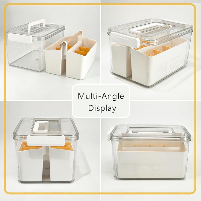 Craft Caddy with Lid and Lift-Out Portable Caddy, Orange | Art Supply Storage, Adjustable Dividers, Clear Storage Organizer, Teacher Supplies, Markers & Brushes, Stackable 11x8x7 in
