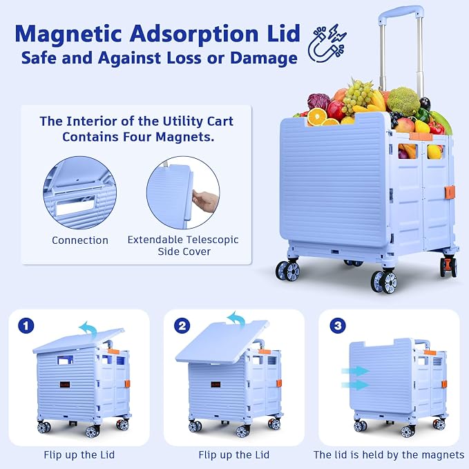 Foldable Utility Cart Collapsible Portable Crate Rolling Carts with Wheels Tote Basket with Magnetic Lid Telescopic Cover Wear-Resistant 360°Rotate Wheel Noiseless for Shopping Storage Office Use