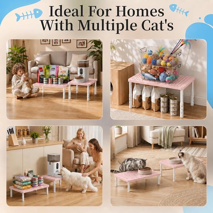 Adjustable Automatic Cat Feeder Stand - Elevated Cat Feeder Stand with 3 Height Settings, Fits Most Automatic Feeders & Tradition Bowls, Raised Pet Feeding Table Station for Cats & Small Dogs - Pink
