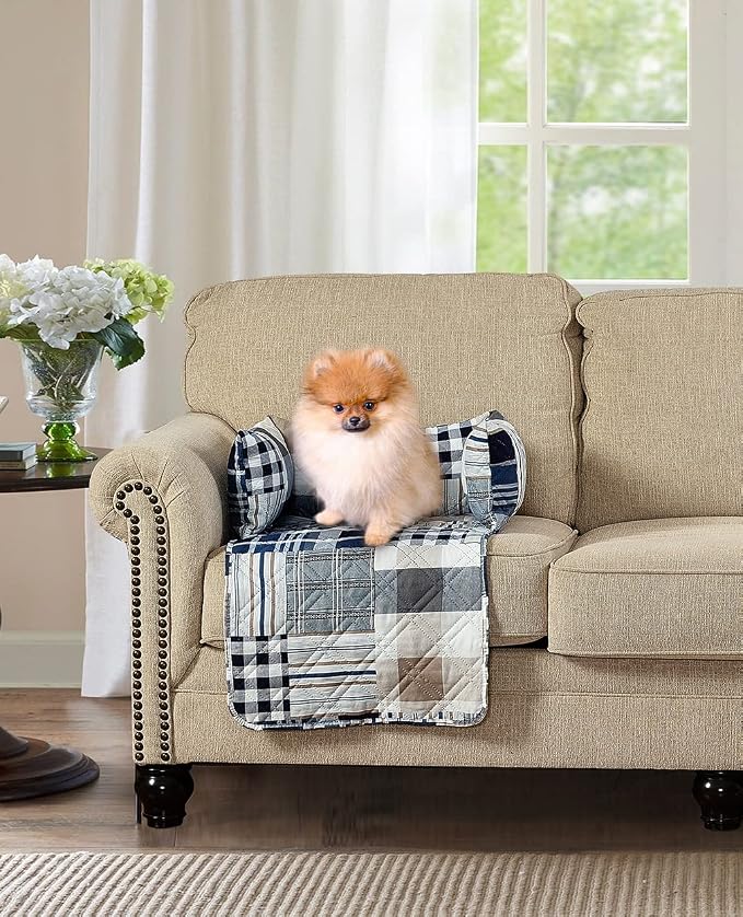 Brilliant Sunshine Blue Plaids & Stripes Dog Sofa Slipcover, Small | Calming Pet Couch Bed with Removable & Washable Cover, Funiture Protector & Bed Mat for Dogs, Pets, Cats, 18"×32"×8"
