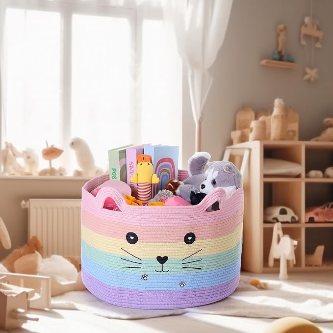 Zopeal Cat Storage Basket Woven Organizer with Ears Decorative Gift Cute Cotton Rope Pet Toy Basket for Gift Cat Dog Toy Bin Nursery Room(21.7 x 13.8 Inch,Macaron Color)