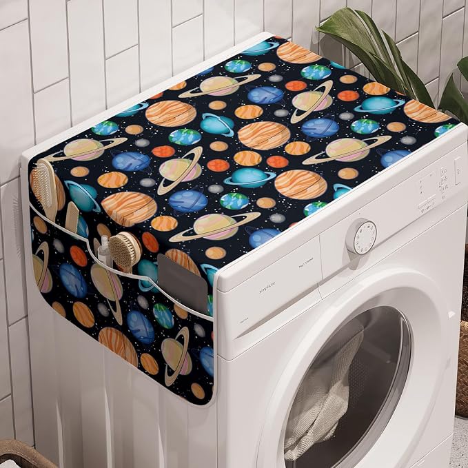 Ambesonne Galaxy Washing Machine Organizer Pack of 2, Galaxy Space Art Solar System Planets Mars Mercury Uranus Jupiter Venus Print, Anti-Slip Cover for Washers Dryers, 47" x 18.5", Salmon Blue