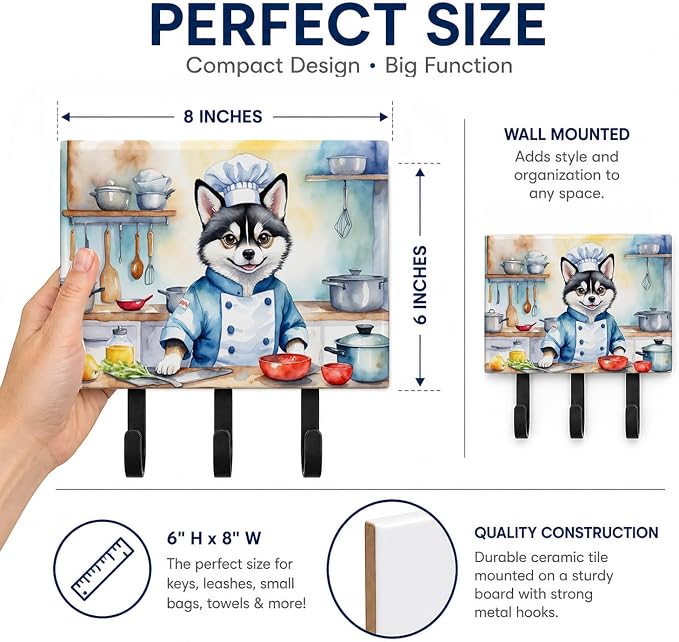 Caroline's Treasures Alaskan Klee Kai The Chef Leash or Key Holder Wall Hooks, Key Hooks Holder, Coat Rack Wall Mount, Coat Hooks, Hooks for Hanging Keys, Towels, Aprons, Leashes | Alaskan Klee Kai The Chef artwork on ceramic tile with three steel hook...