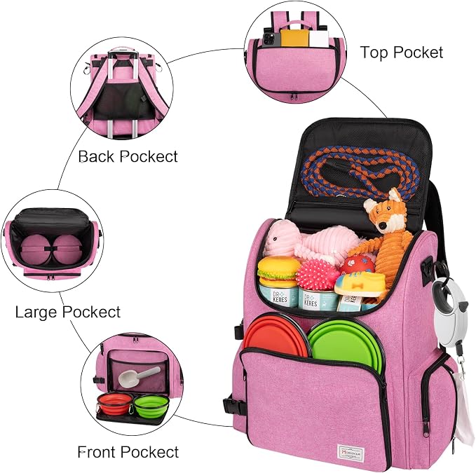 Modoker Multi-Compartment Dog Travel Backpack for Pet Supplies, Pink | Dog Travel Accessories Organizer with 2 Food Bags, 2 Bowls, Quick-Access Pockets, Tissue Opening, Luggage Sleeve, Feeding Mat