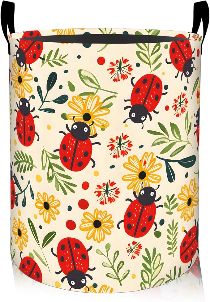 Cute Ladybug Laundry Basket, Oxford Cloth Cartoon Whimsical Dirty Clothes Collapsible Hamper for Room Decor, Floral Insect Print Gifts Toy Organizer 19.7 * 15.7 Inch for Bedroom Bathroom Dorm